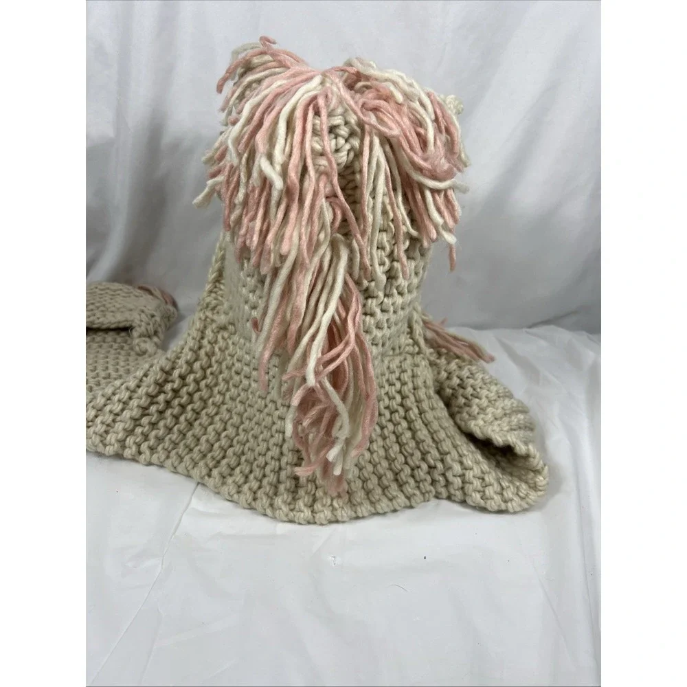 Girl's Crochet Hooded Scarf with‎ Ears/Mane/ Pink/Cream with Pockets